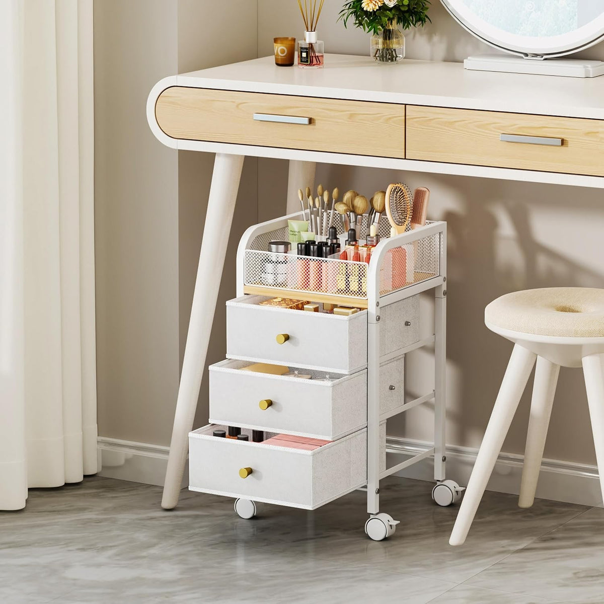 Rolling Makeup Organizer Cart with 3 Non-Woven Drawers Under Desk Storage