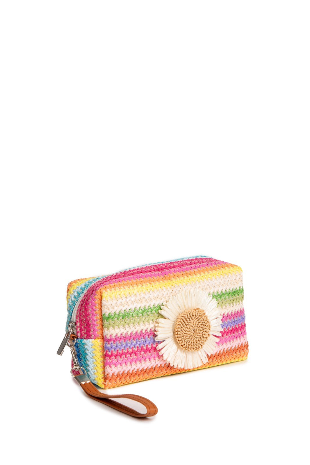 Large Travel Pouch with Zipper & Interior Pocket - Multi-Colored Striped & Daisy Pattern