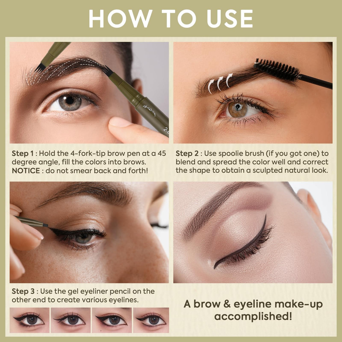 Eyebrow Pen Dual-Ended Micro-Fork Tip & Gel Liner Brown Makeup Tool