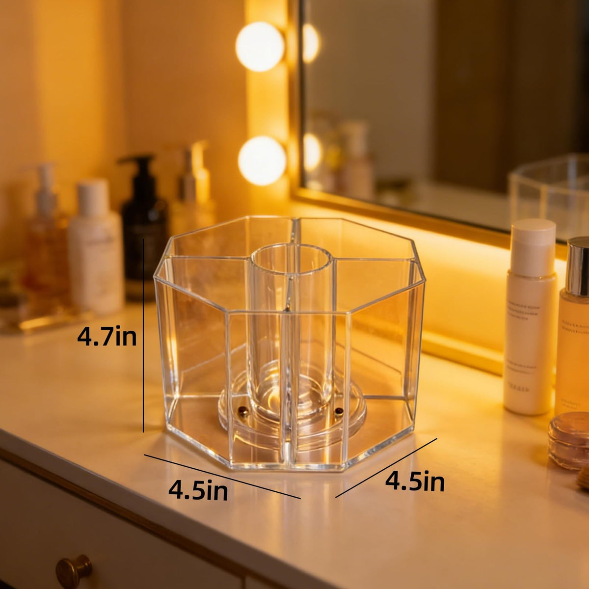 Acrylic Makeup Brush Holder 6.5 Inch Rotating Organizer with 4 Compartments