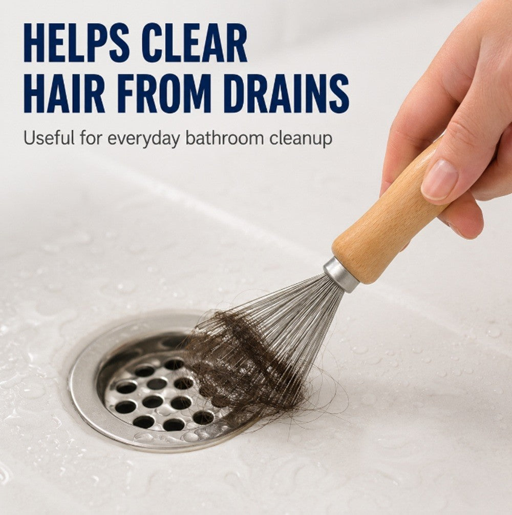 Hair Brush Cleaner Tool Metal Rake with Wooden Handle for Hair and Lint Removal