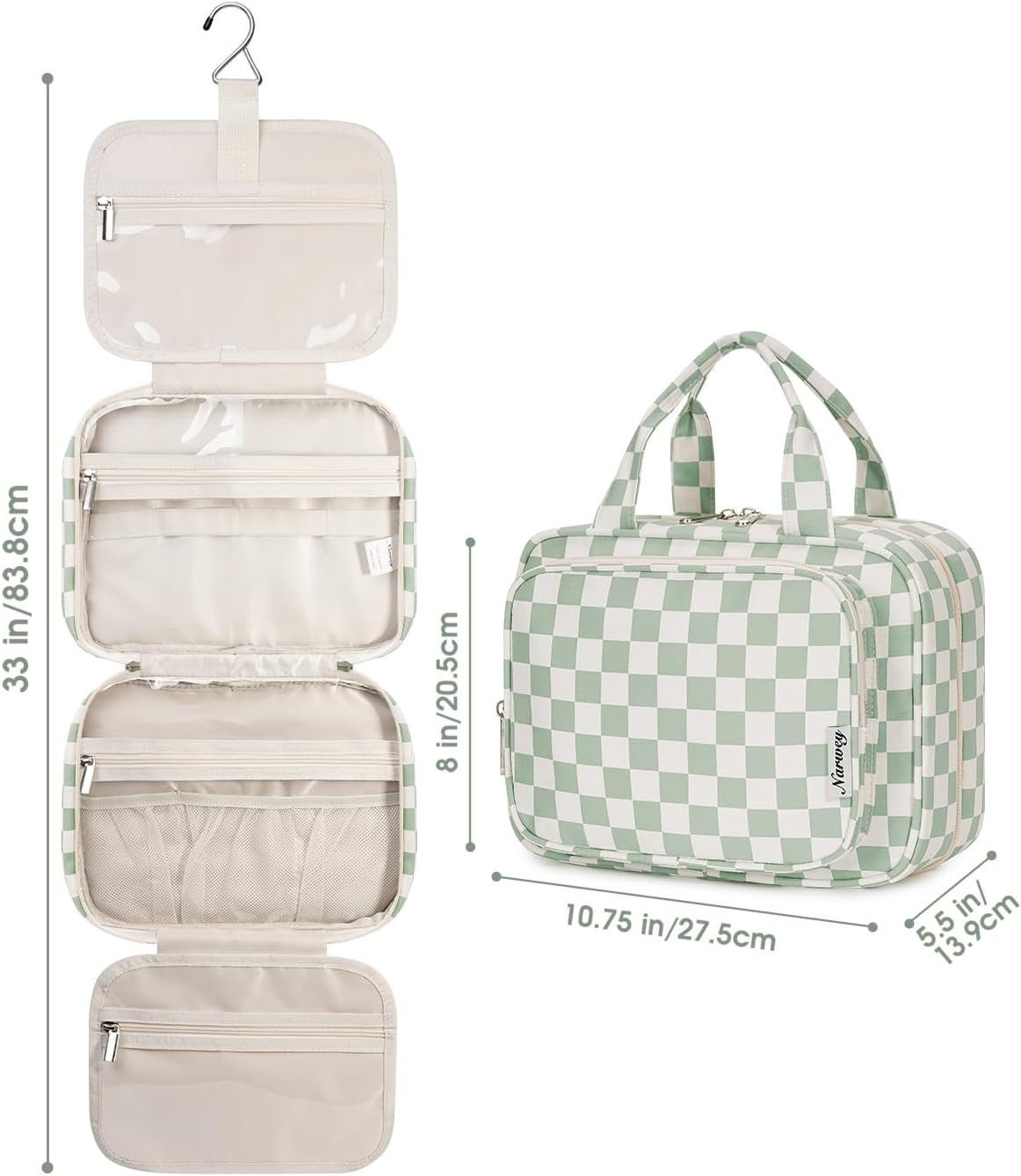 Travel Toiletry Bag with Hanging Organizer for Women and Men - Water-Resistant, Multiple Compartments, Checkered Design