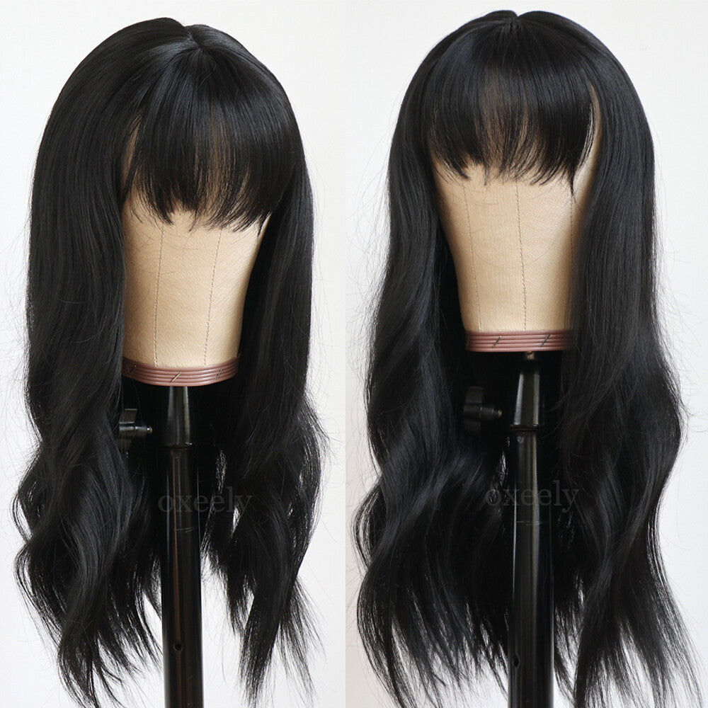 Long Wavy Black Cosplay Wig with Bangs - Heat Resistant Synthetic Hair