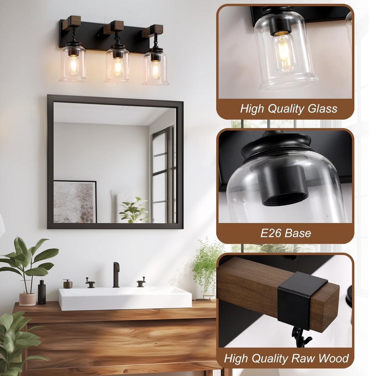 Farmhouse Bathroom Light Fixtures - 3-Light Matte Black Vanity Wall Lamp