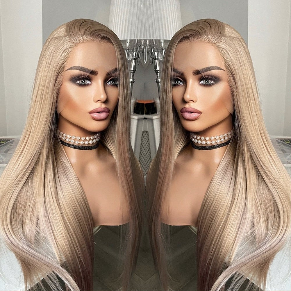 Long Straight Ash Blonde Lace Front Wig - Glueless, Heat Resistant Synthetic Hair