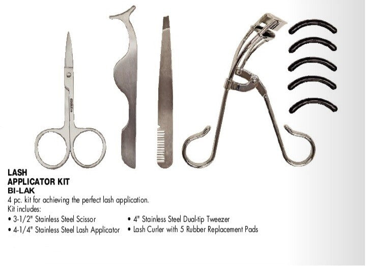 4-Piece Eyelash Application Kit with Scissors, Dual-Tip Tweezer, Lash Curler & 5 Replacement Pads