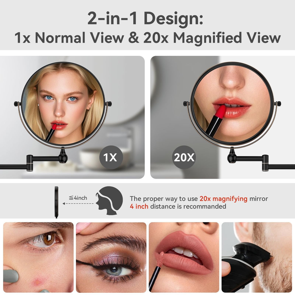8-Inch Wall Mount Makeup Mirror with 20x Magnification and Adjustable Swivel - Oil Rubbed Bronze
