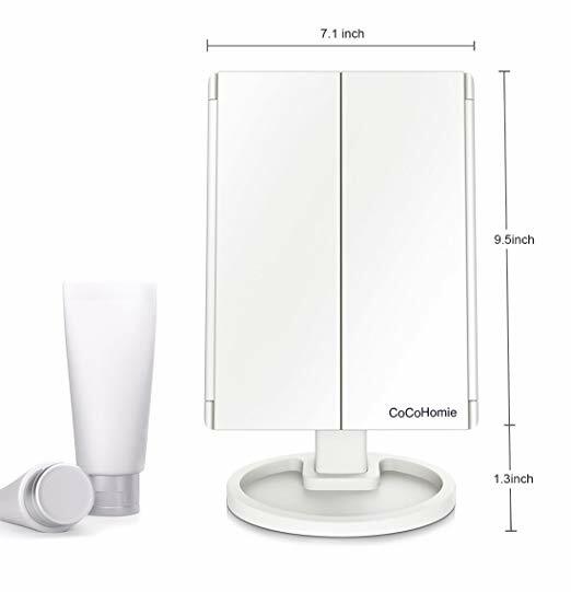 Tri Fold Makeup Mirror with Dimmable LED Lights, Magnifiers, USB or Battery Power