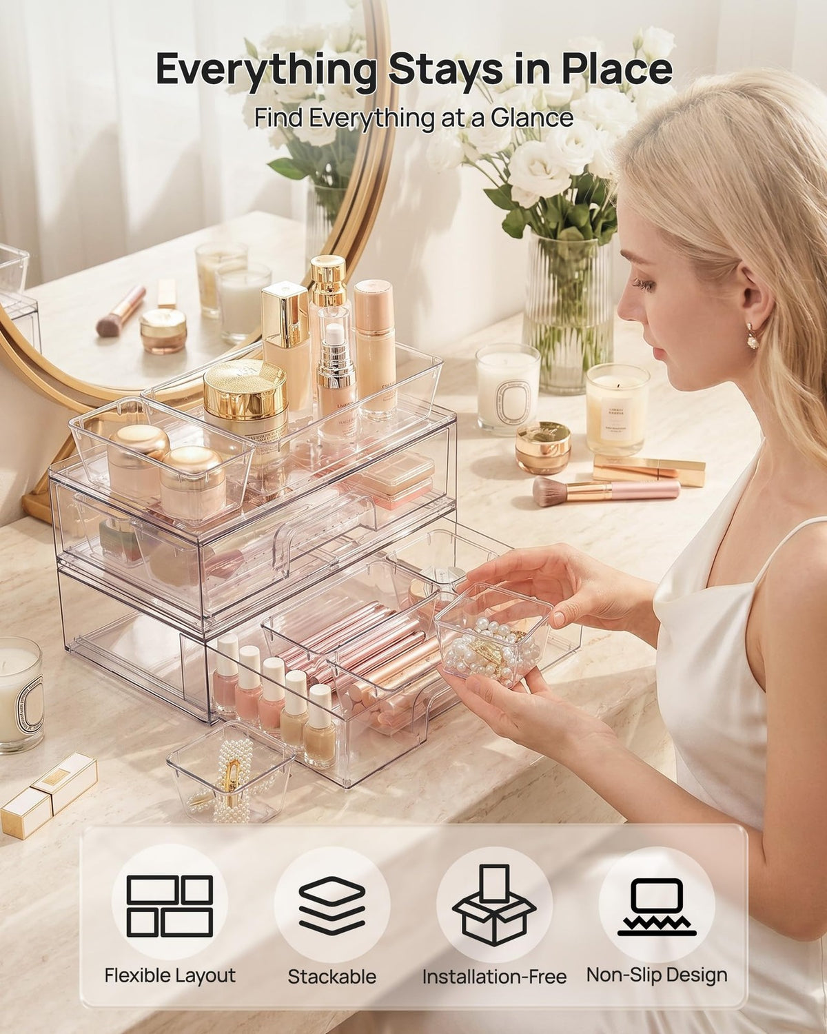 12 Pack Clear Makeup Organizer Set for Vanity and Bathroom Counter
