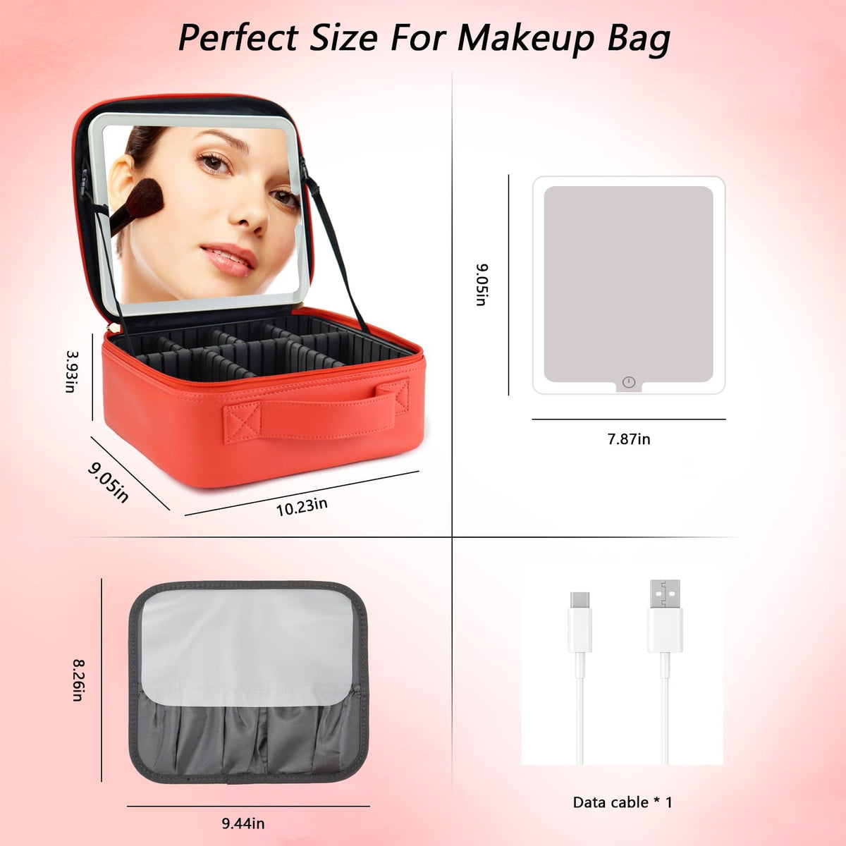 Travel Makeup Bag with LED Mirror, Adjustable Dividers & Pink Finish