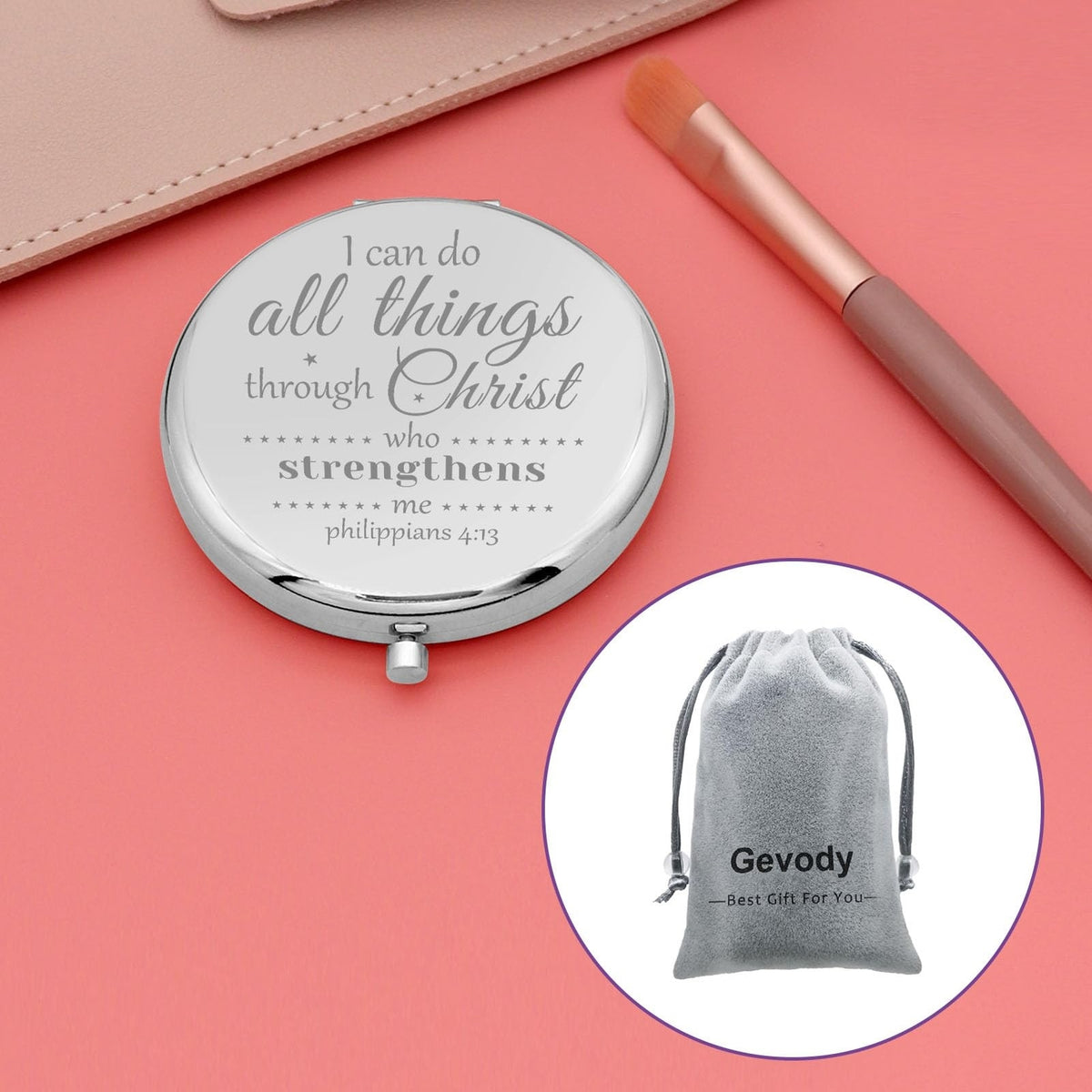 Christian Encouragement Compact Makeup Mirror with Bible Verse - Silver