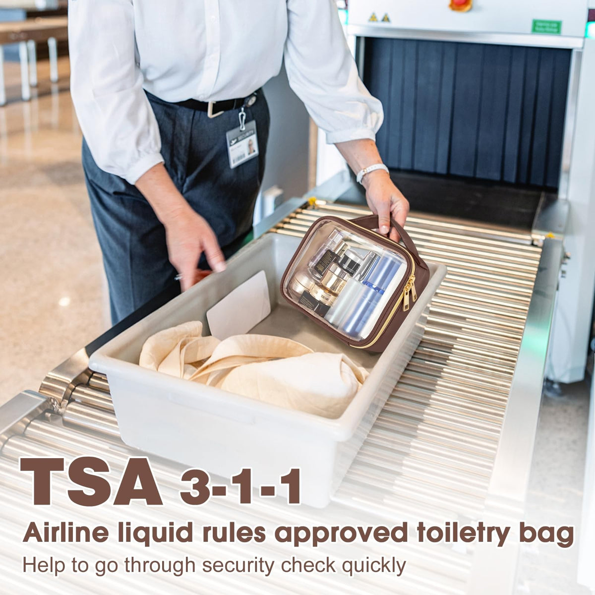 3 Pack TSA Approved Clear PVC Toiletry Makeup Bags with Handles - Quart Size Brown