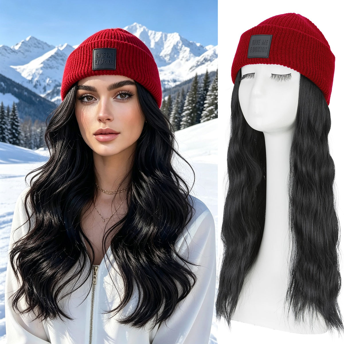 Winter Knit Beanie Hat with Attached Hair for Women - Warm Water Wave Style