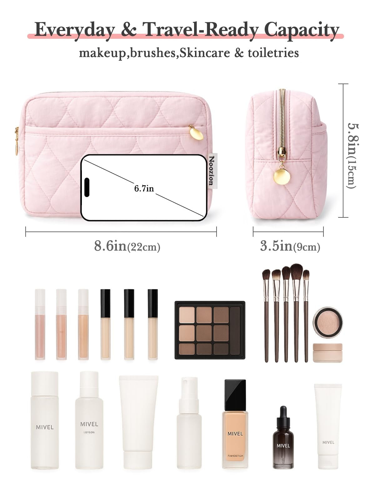 Travel Toiletry Bag with Padded Compartments - Pink, 8.6x3.5x5.8 Inches