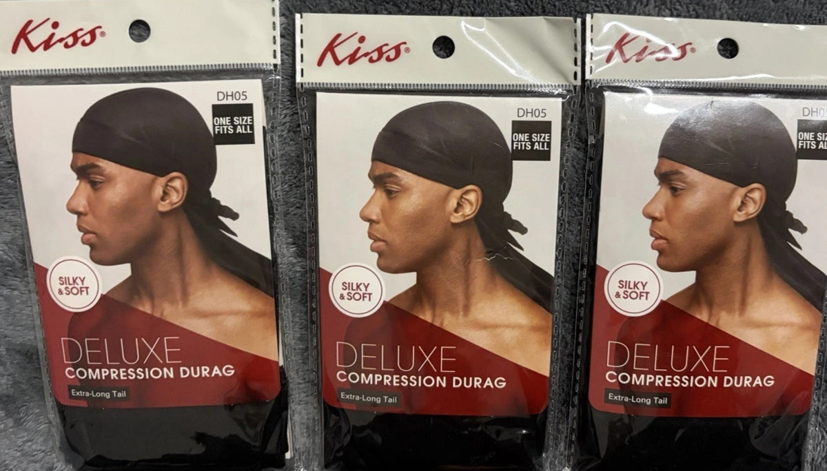 WOW! 3 KISS Deluxe Compression Durag Black Extra-Long Tail & One Size