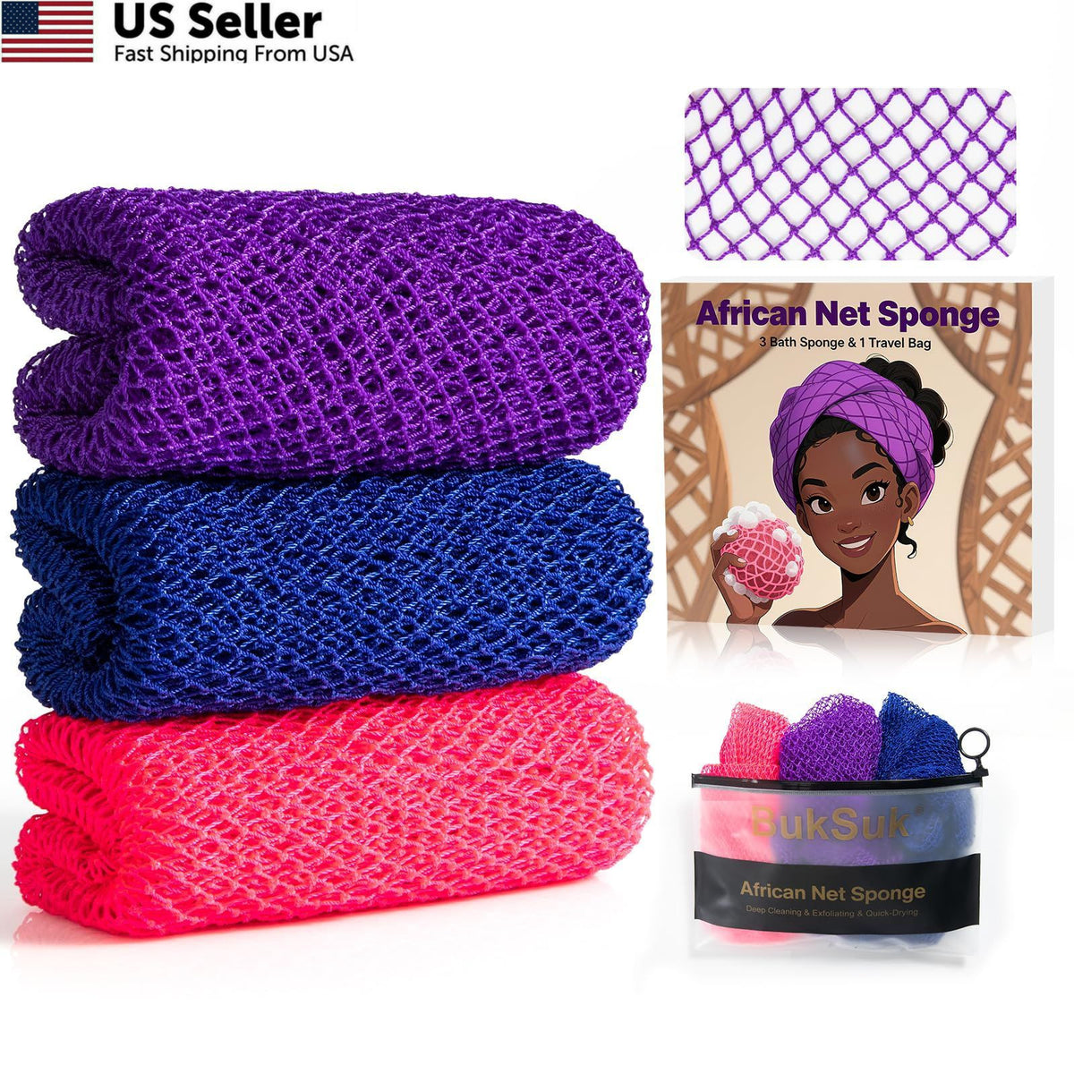 African Net Sponge for Exfoliation & Back Scrubbing - 3 Pack, Purple, Blue & Pink