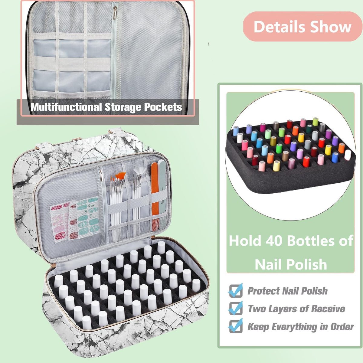Double-Layer Nail Polish Organizer Case Holds 40+ Bottles with Lamp Storage
