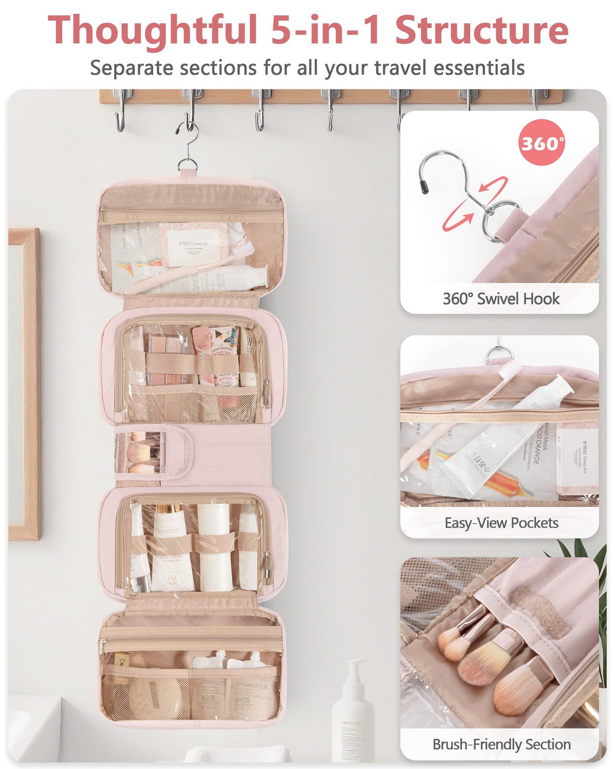 Travel Toiletry Bag for Women with Hanging Hook & Puffer Organizer