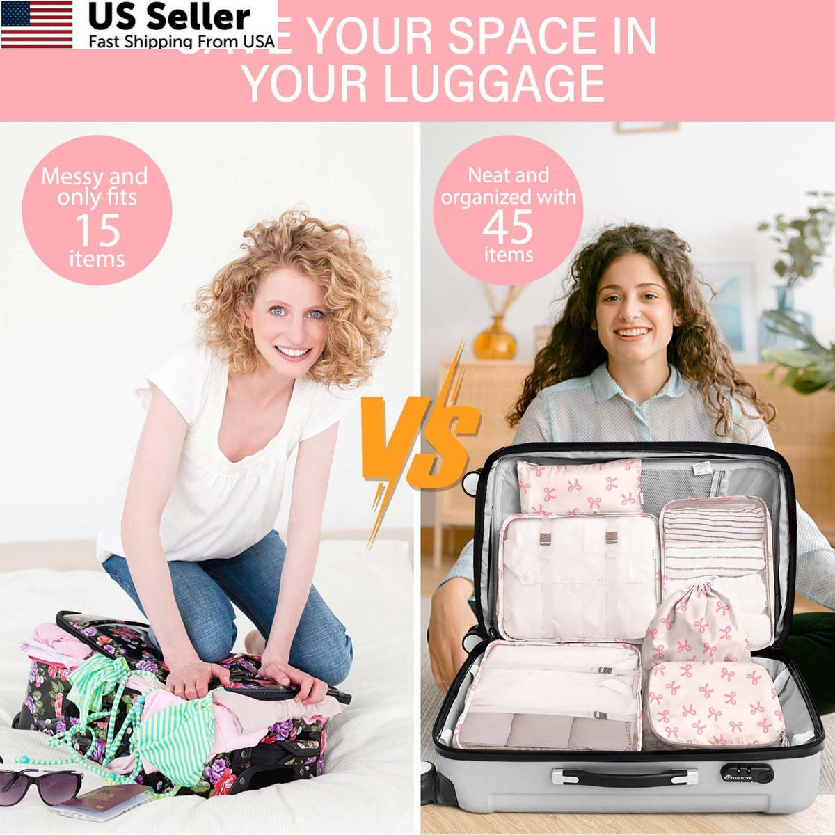 Travel Packing Cubes Set with Multiple Sizes and Accessories - Pink Bow