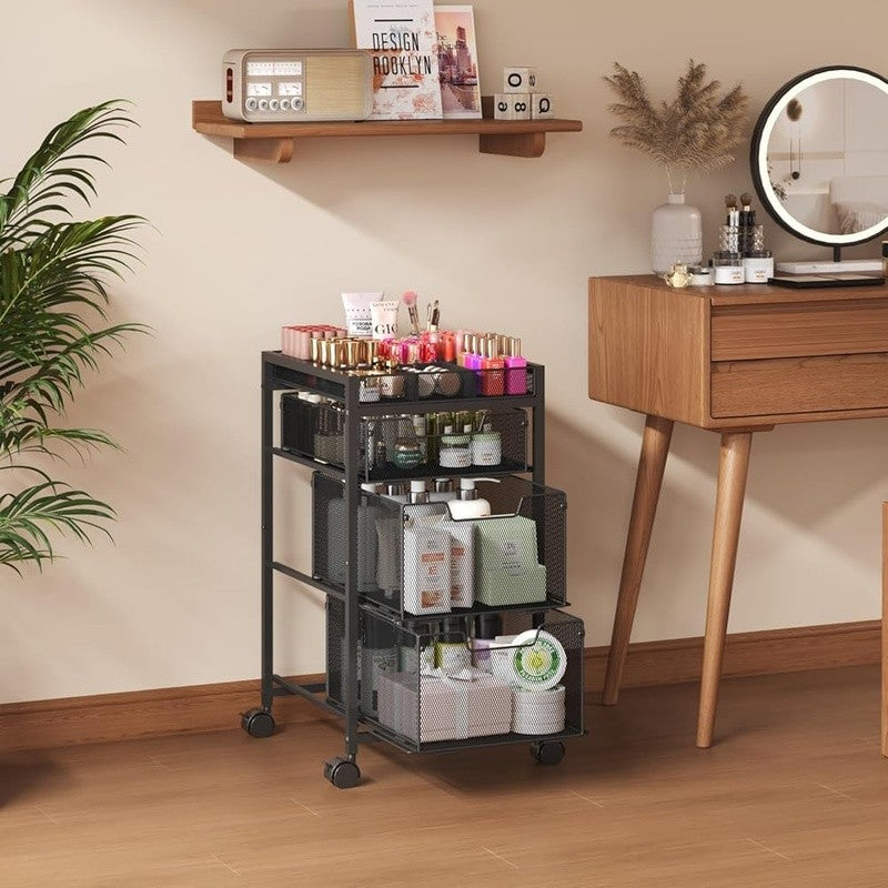 3-Drawer Rolling Makeup Organizer Cart with Dividers - Black