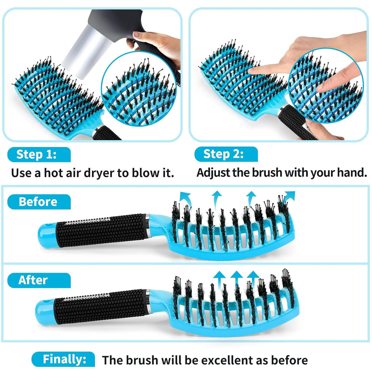 Boar Bristle Hair Brush Set of 2 for Detangling and Smoothing - Wet & Dry Hair
