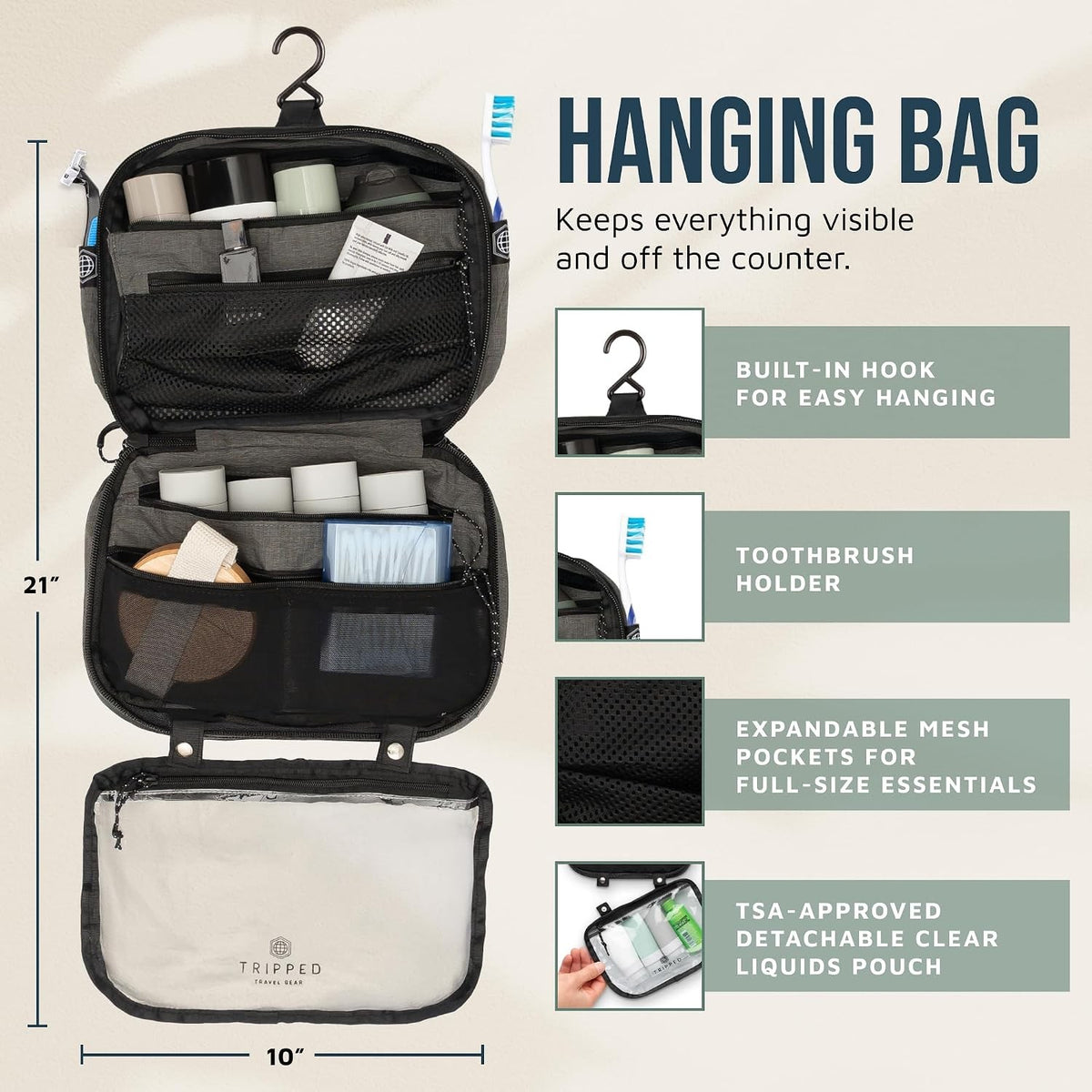 3-Piece Travel Toiletry Bag Set with Hanging Bag TSA Liquids Bag & Organizer