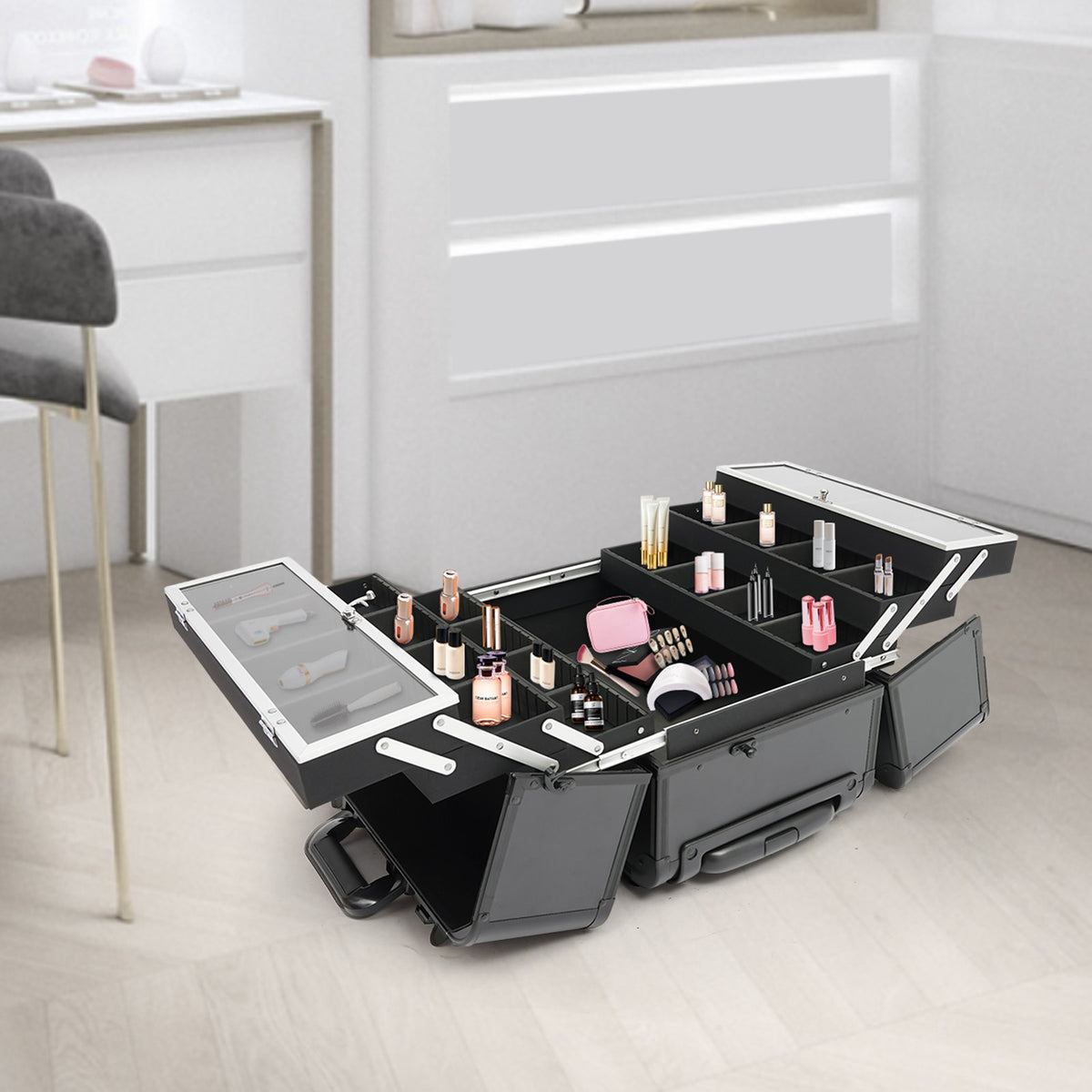 Lockable Rolling Makeup Case with 6 Trays - Multi-Layer Cosmetic Storage