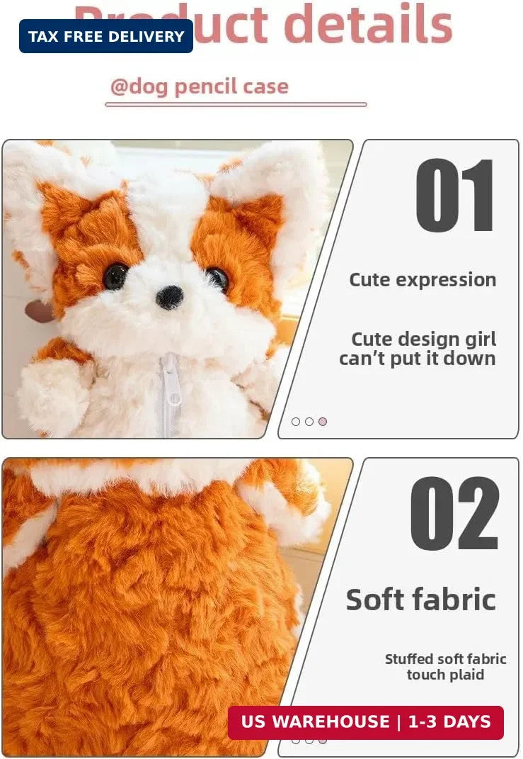 Cute 3D Fuzzy Dog Plush Pencil Case - Animal Organizer for Makeup & Accessories