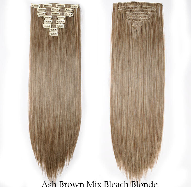 Clip-In Hair Extensions Full Head Ombre Highlight Synthetic Thick Hair 8-24 Inches