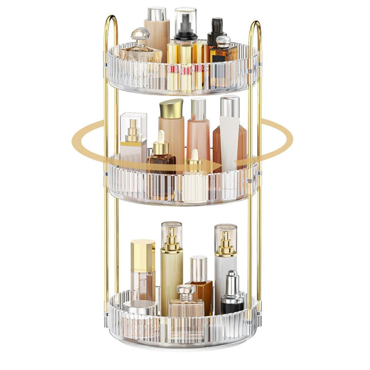Rotating Makeup Organizer for Vanity, 3 Tiers, Clear, Adjustable Storage