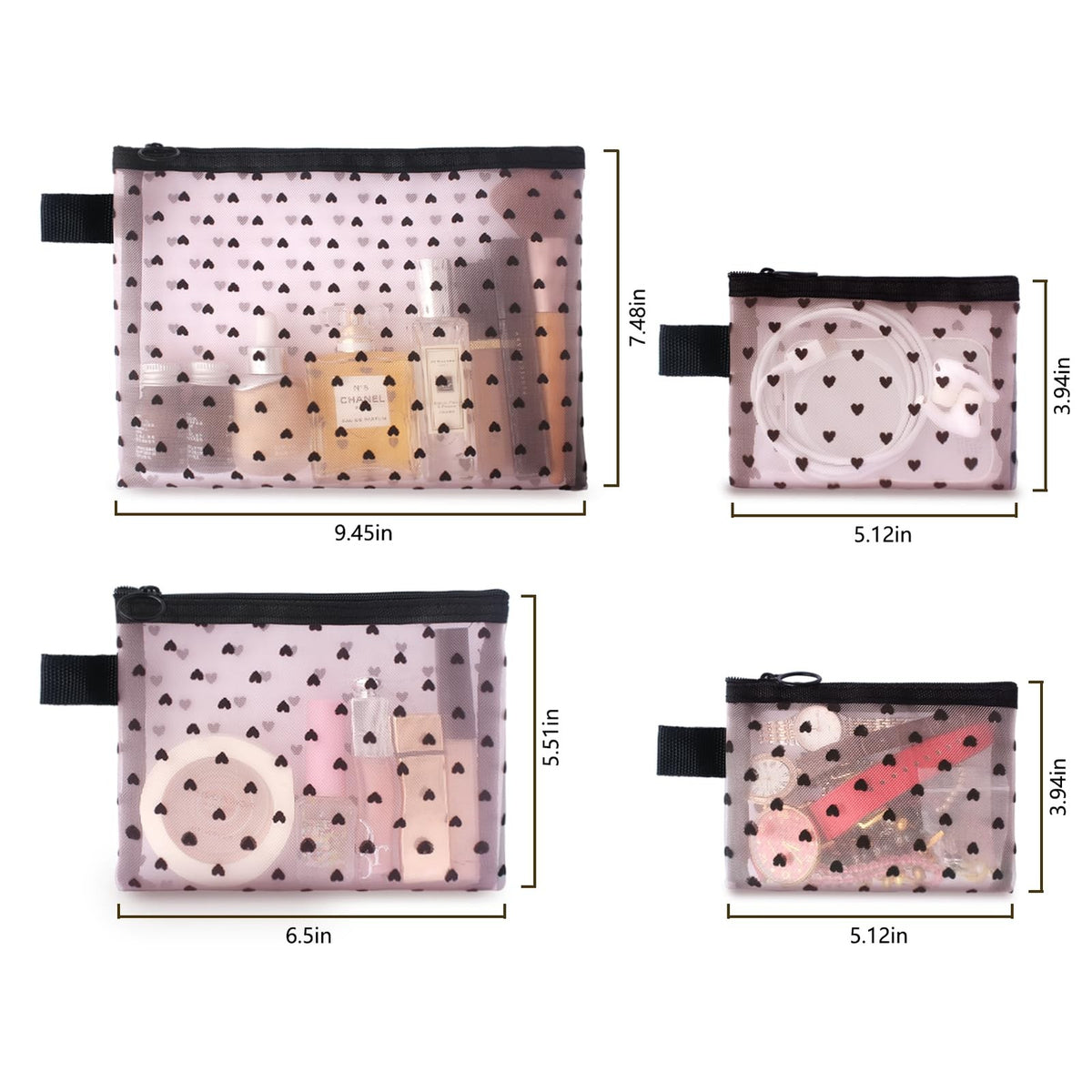 4-Piece Mesh Makeup Bag Set with Heart Print - Travel Cosmetic Organizer