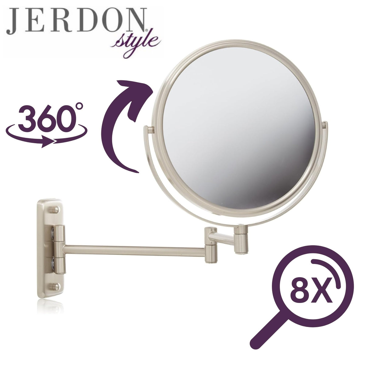 8-Inch Two-Sided Wall Mount Makeup Mirror with 8X Magnification and Extendable Arm