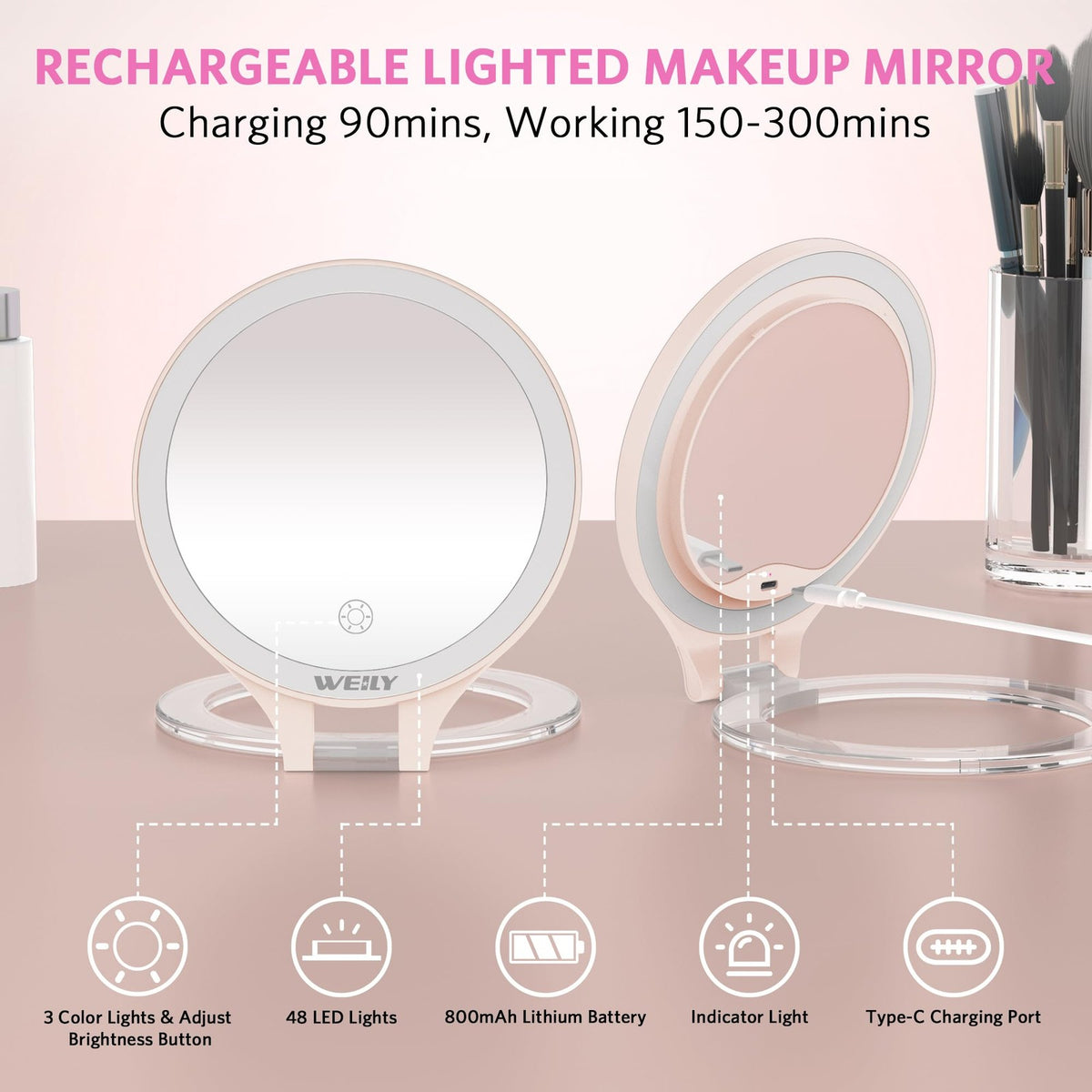Rechargeable LED Travel Makeup Mirror 10X/1X Double-Sided with Light