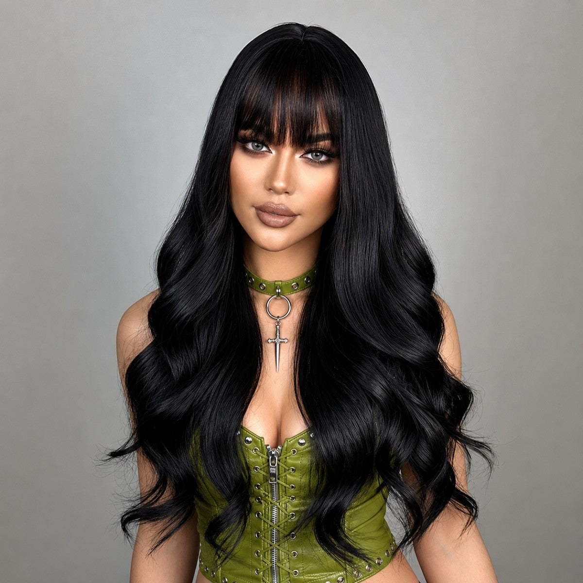 Long Wavy Synthetic Wig with Bangs - Heat Resistant Cosplay Hair