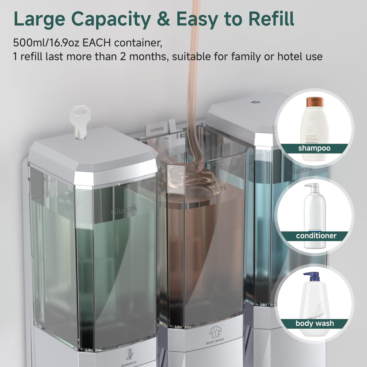 Shampoo and Conditioner Dispenser 3 Chamber No Drill Shower Soap Wall