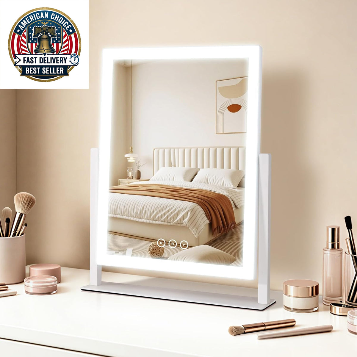 Lighted Vanity Mirror with 3 Color LED Lights, 16.7 x 13.2 Inch, 360° Rotation, Touch Control