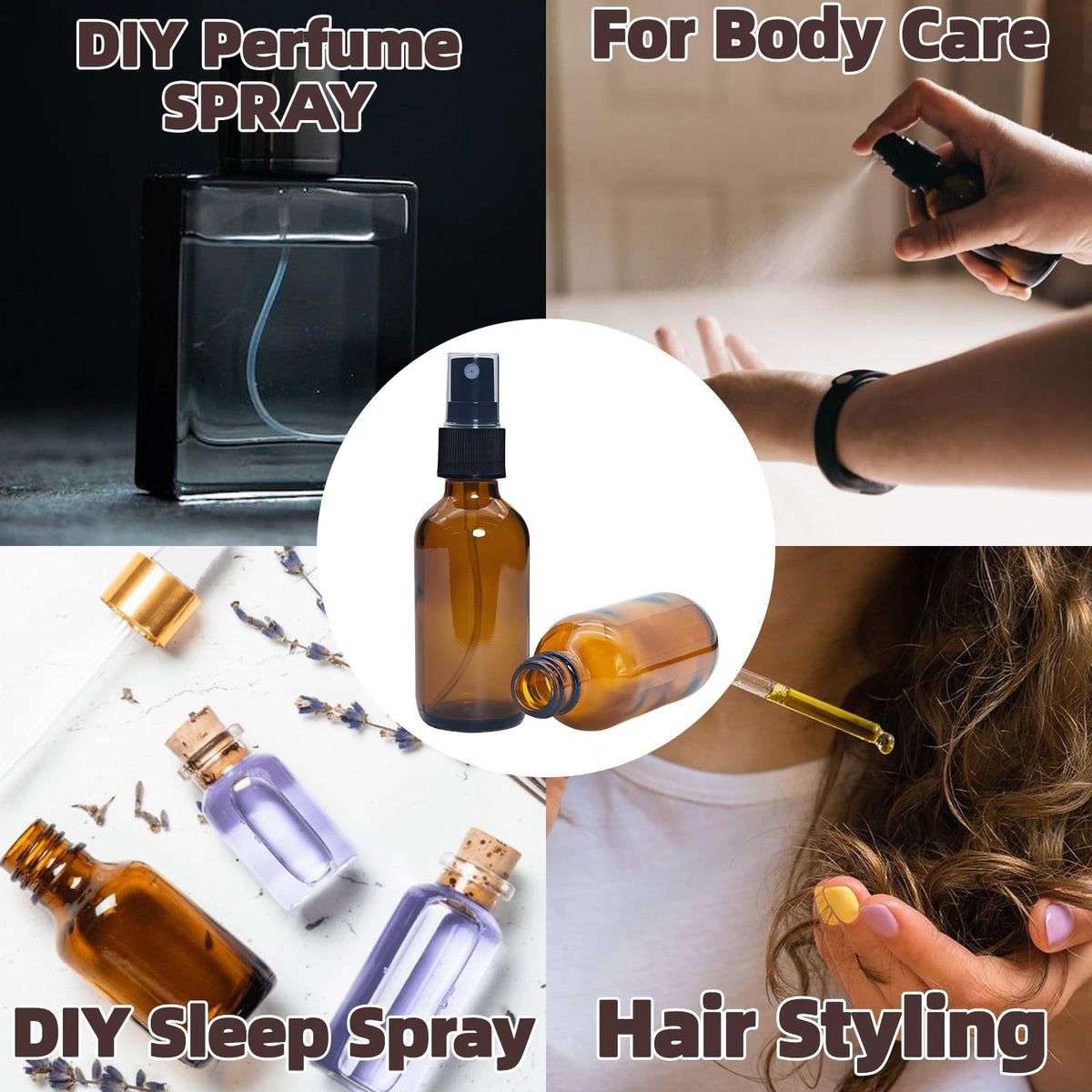 4 Pack 2oz Amber Glass Spray Bottles - Fine Mist for Hair, Plants, Perfume