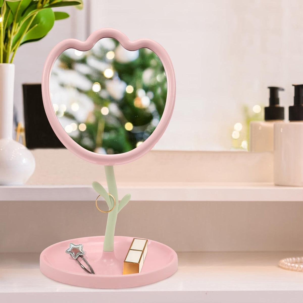 Flower Shaped Tabletop Vanity Mirror with Tray - Pink Compact Makeup Mirror