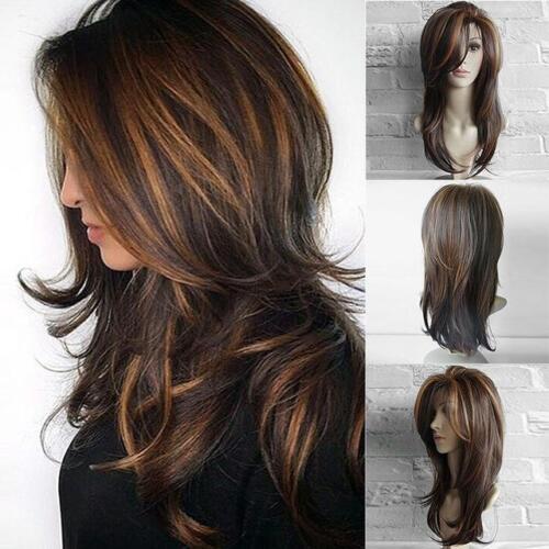 Women Dark Brown Ombre Curly Wig with Gold Highlights Shoulder Length Synthetic Hair