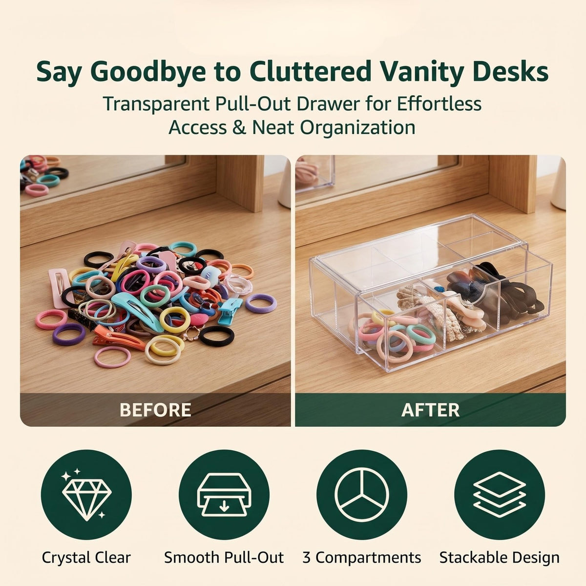 2-Layer Clear Makeup Organizer with Adjustable Dividers - Vanity Storage