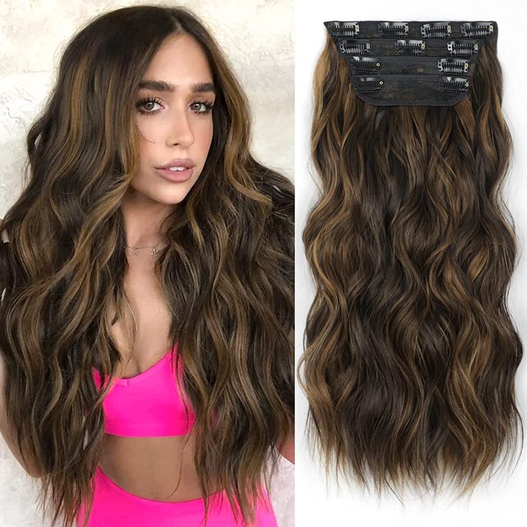 4PCS Clip-In Wavy Hair Extensions Long Synthetic Weft - Natural Blonde to Brown