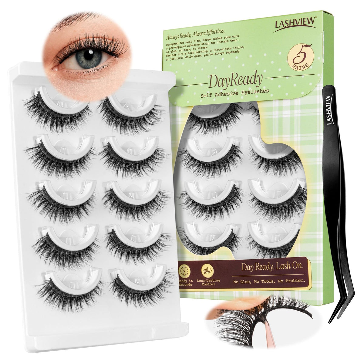 Self Adhesive False Eyelashes Natural Look Press-On 5 Pairs, Black