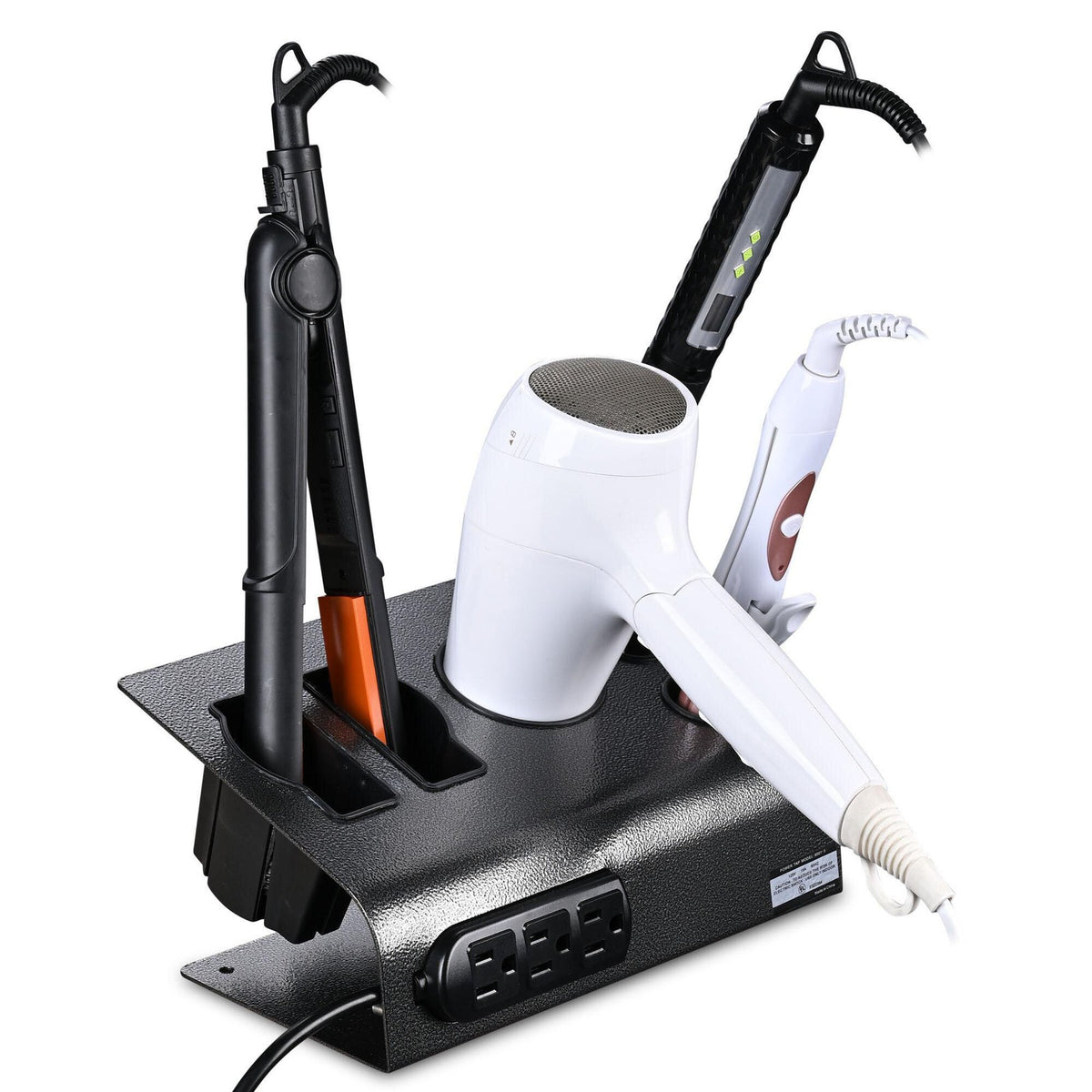 Salon Flat Iron & Blow Dryer Holder Stand with 3 Outlets - Desktop Organizer