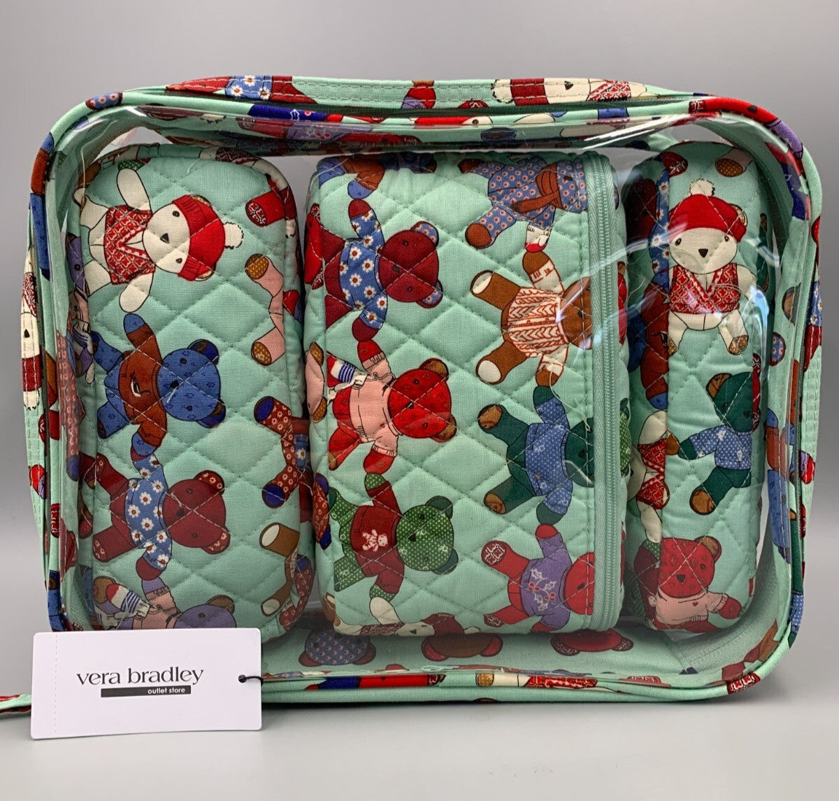 Vera Bradley Toasty Teddies 4-Piece Cosmetic Makeup Bag Set - Green