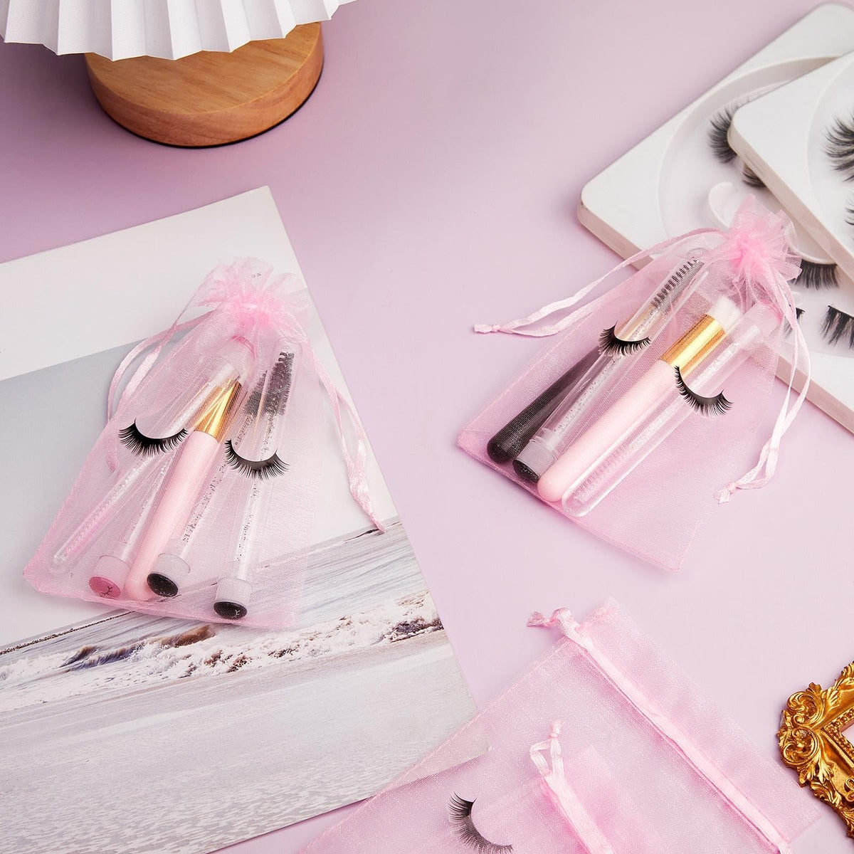 Eyelash Aftercare Bags 100 Pcs Cosmetic Drawstring Organza Pouches Pink & Black
