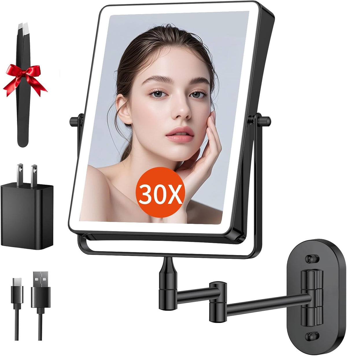 Rechargeable Wall Mounted Makeup Mirror with Lights and Magnification