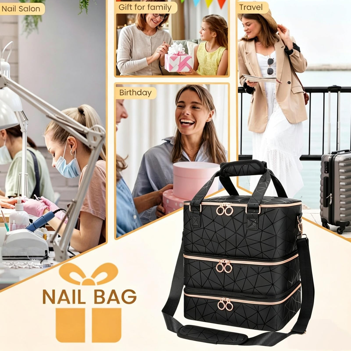 Nail Polish Organizer Bag for 84 Bottles & Lamp, 3-Layer Portable Storage Case