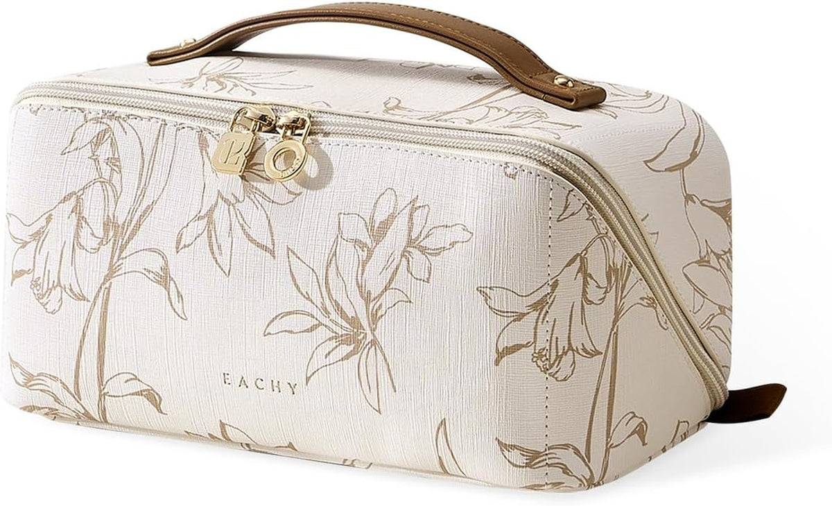 Travel Makeup Bag with Water-Resistant PU Leather, Floral Design, Medium Size