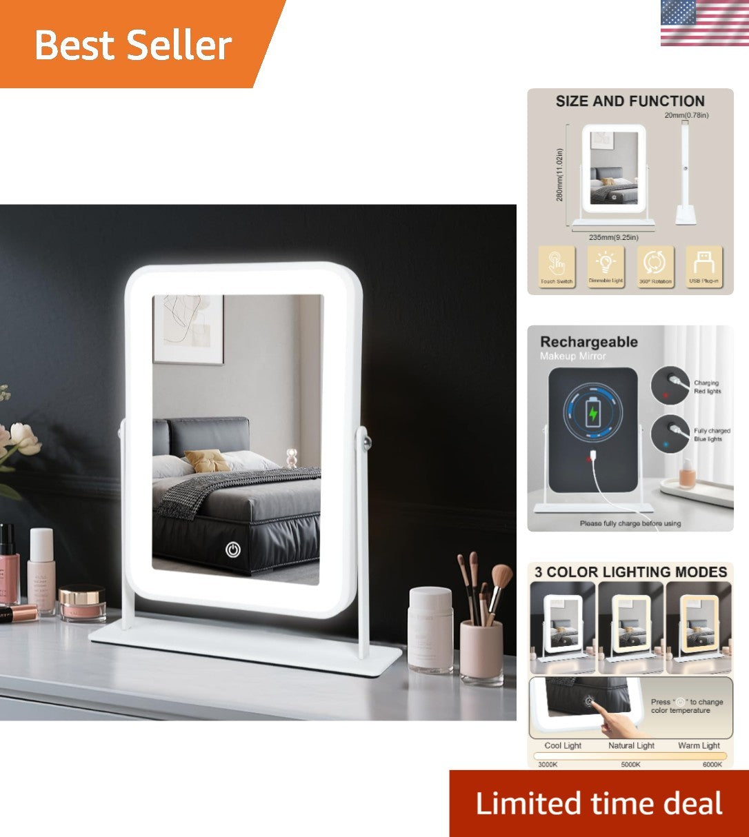 Rechargeable 9x11 LED Makeup Mirror with Dimmable Touch & 3 Color Modes