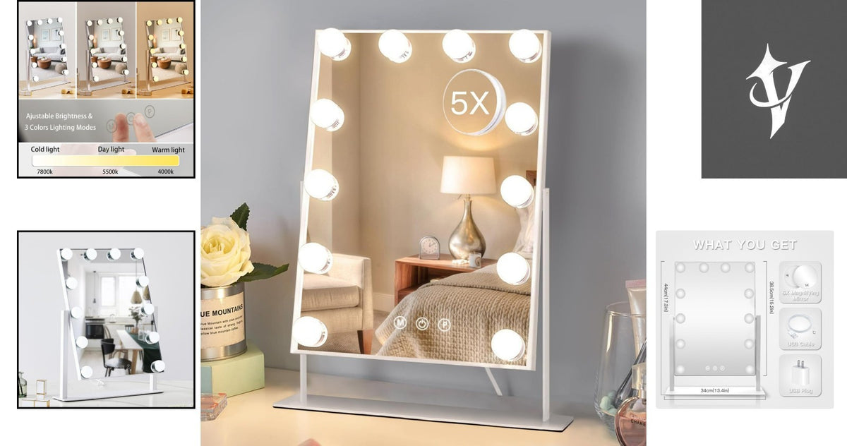 Tabletop Vanity Mirror with 5X Magnification & Adjustable LED Lighting